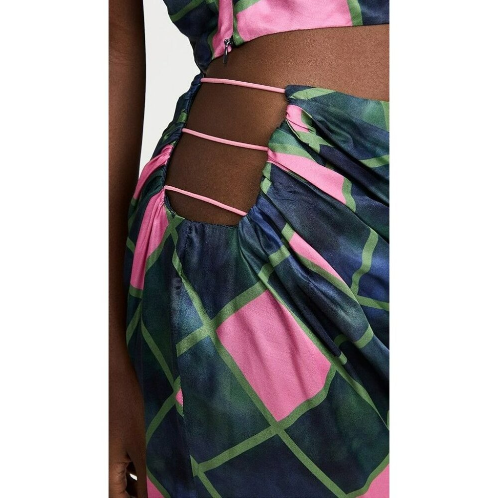 NEW Ahluwalia Side Cutout Ruched Satin Mini Skirt Pink Green Forest Fairy - Picture 3 of 13